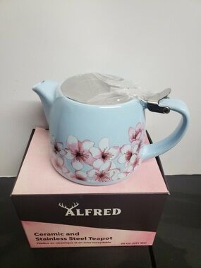 Alfred Light Blue Ceramic Teapot with Pink Cherry Blossoms